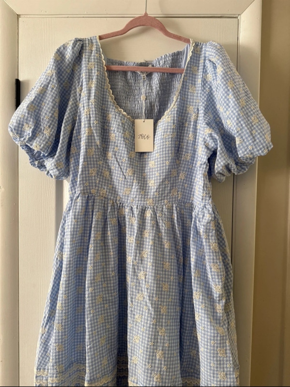 Light Blue Gingham Midi Dress with Puff Sleeves and Cream Floral Embroidery ZOCO